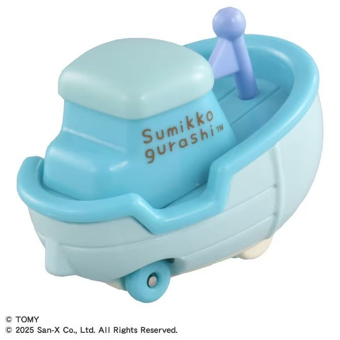  Sumikko Gurashi toy boat with wheels, light blue and white.