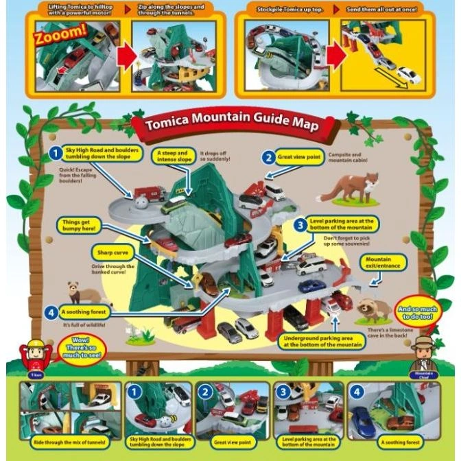  Tomica Mountain playset with cars racing down slopes, through tunnels, and parking at scenic viewpoints.