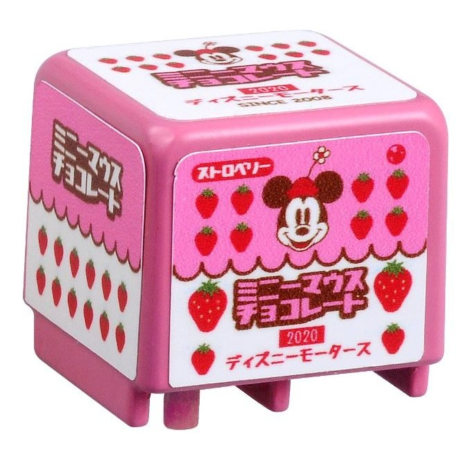  Mickey Mouse strawberry chocolate toy car, pink and white, with Japanese text and strawberry pattern.