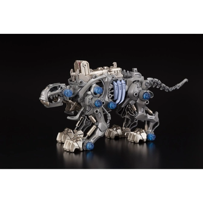 Silver robotic tiger toy with blue glowing accents, posed on a black surface.