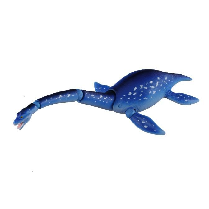 Blue plesiosaur toy with white spots, long neck, and flippers.