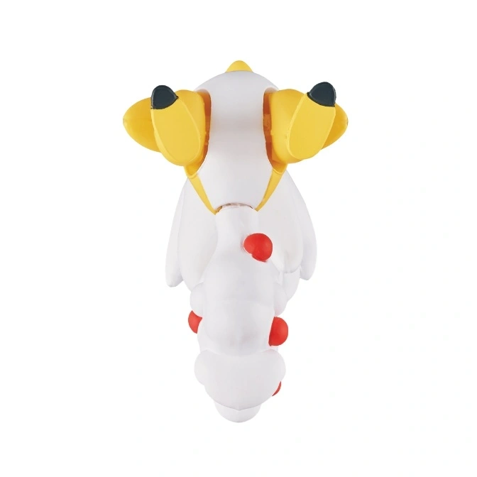  Rear view of a white and yellow plush toy with red accents.