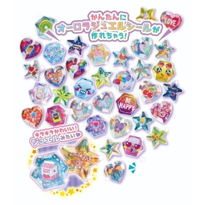  Assorted jewel-shaped stickers with cute designs like fruits, hearts, stars, and cartoon characters.