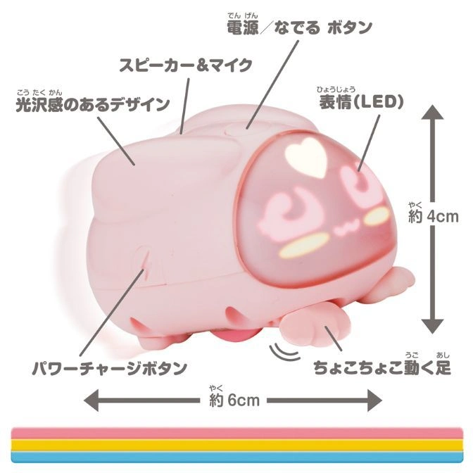  Pink toy robot with LED face, labeled with dimensions and features like speaker, power button, and moving feet.