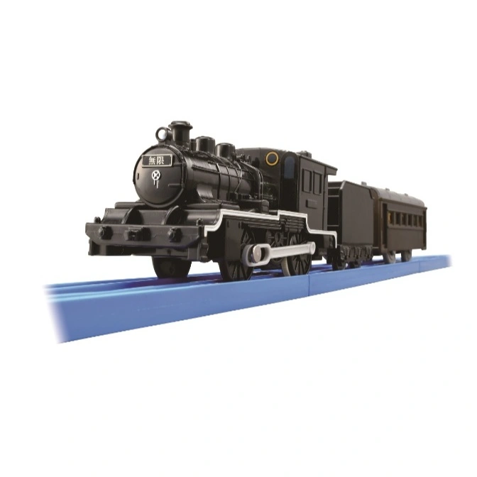 Black toy train with passenger car on blue tracks. A classic steam engine model.