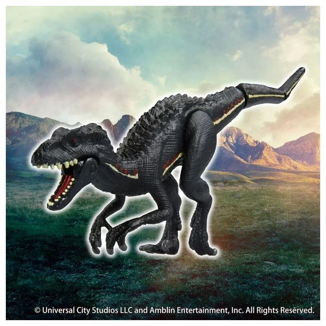  Black Indominus Rex toy with articulated limbs and detailed features, set against a landscape backdrop.