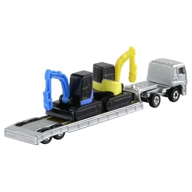  Toy truck carrying two miniature excavators, one with a blue arm and the other with a yellow arm.