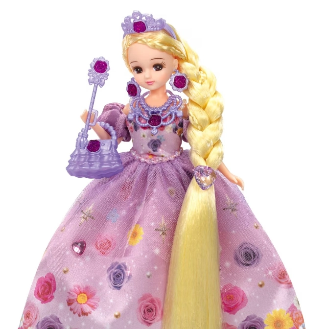  Blonde doll in purple gown with floral print, holding a purse and wand.