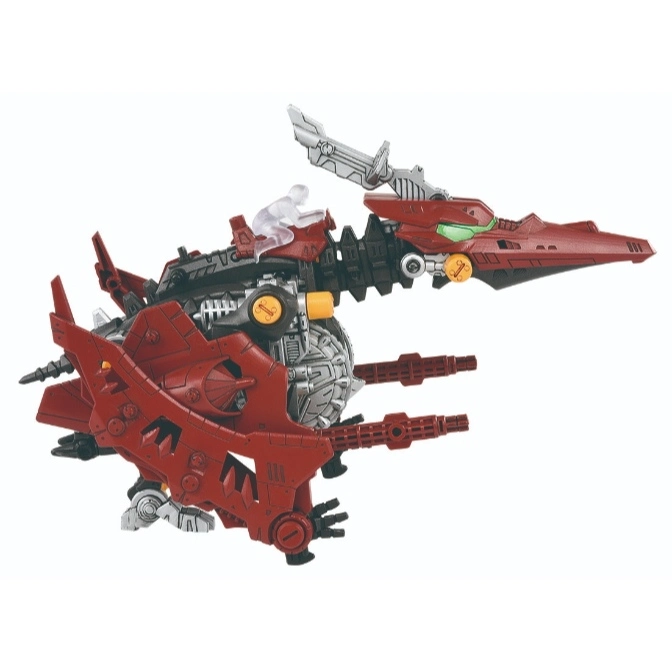  Red and silver Zoids toy with guns and a cockpit figure.