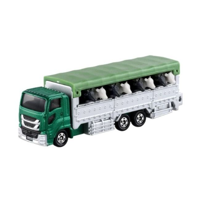 Toy livestock truck with green cab and trailer full of cows.