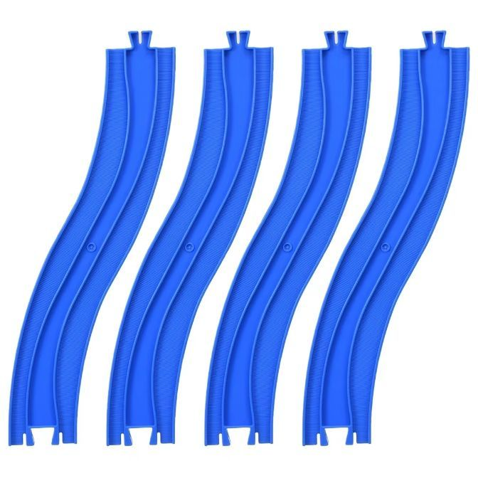 Four blue toy train tracks are arranged diagonally in a row.