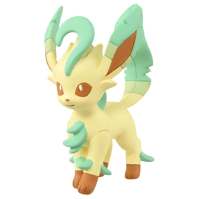 Leafeon toy figure with green leaf accents and brown feet.