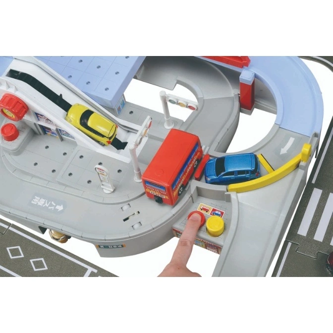  Toy car playset with vehicles, including a bus and cars, featuring interactive buttons and traffic lights.
