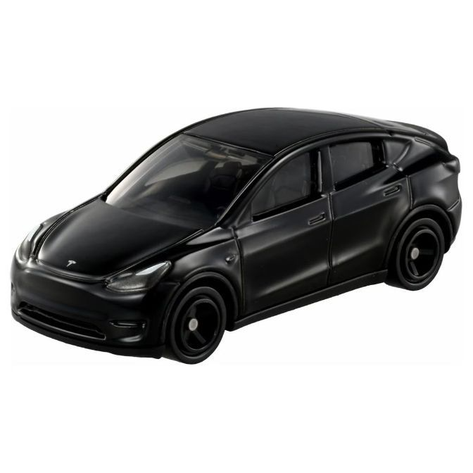 Black toy Tesla Model Y car with detailed features.