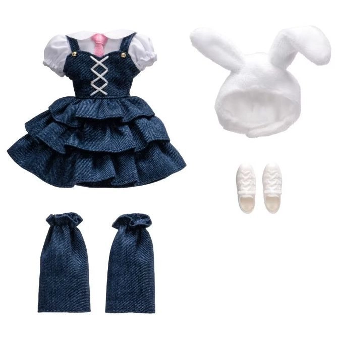 Doll outfit: denim dress, bunny hat, shoes, and leg warmers.