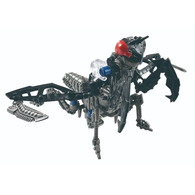  Black robotic insect toy with red head, silver body, and claw-like appendages.