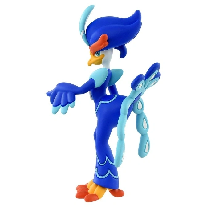  Blue and white Pokémon toy with orange feet and beak, striking a pose.