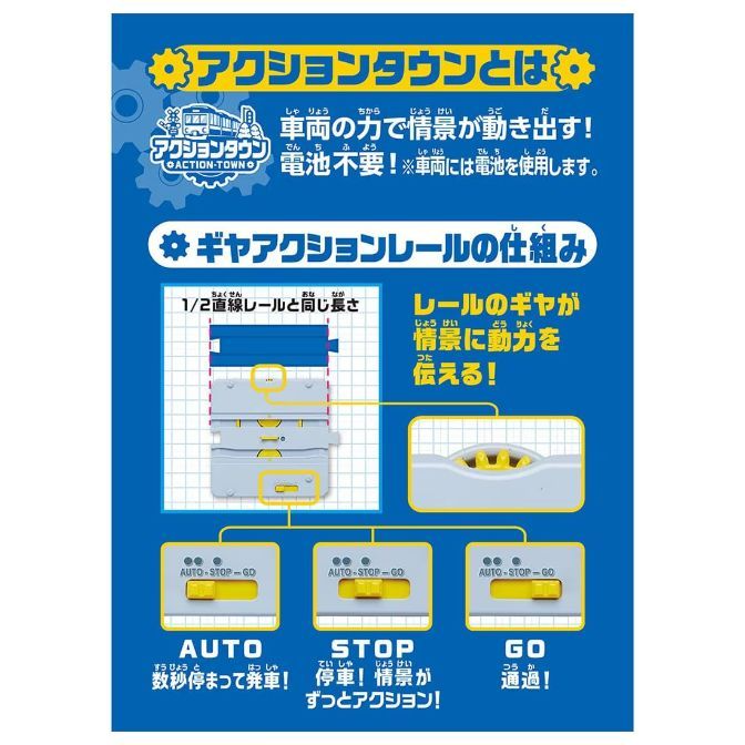  Product image of a toy train set instruction manual. The manual explains how the train set works, highlighting that the train cars power the scenery and do not require batteries. It also details the gear action rail mechanism, which transfers power to the scenery. The manual shows three settings: Auto (the train pauses for a few seconds before departing), Stop (the train stops and the scenery continues to move), and Go (the train passes through).
