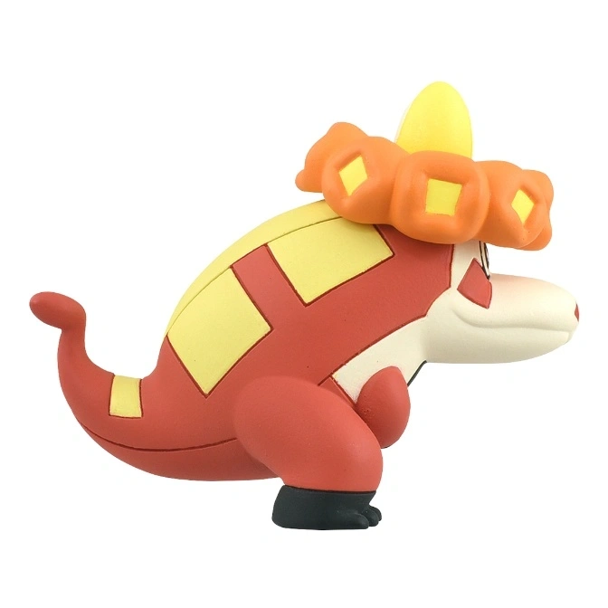  Fuecoco Pokémon figure, red body with yellow accents, and a floral headpiece.