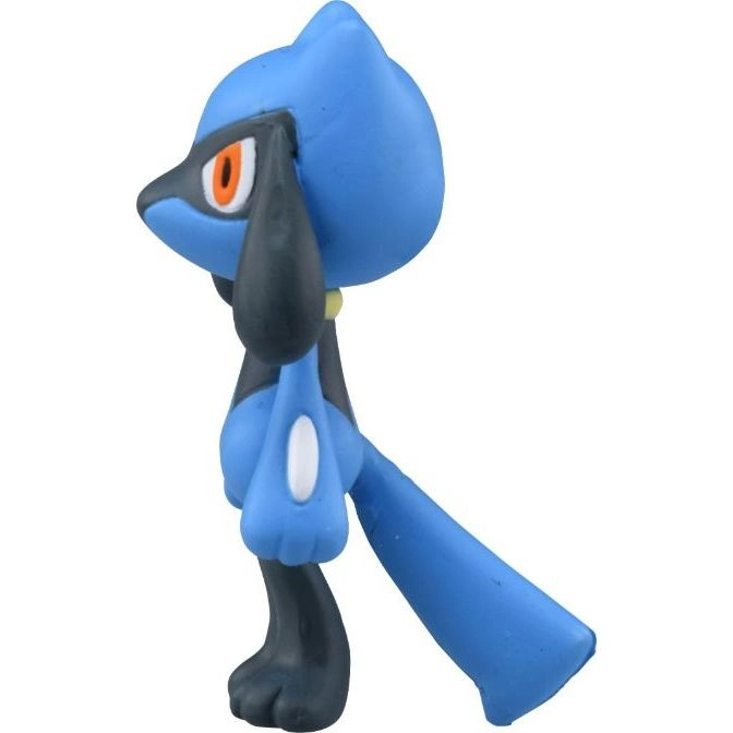  Blue Riolu toy figure with black accents and orange eyes, standing in a neutral pose.