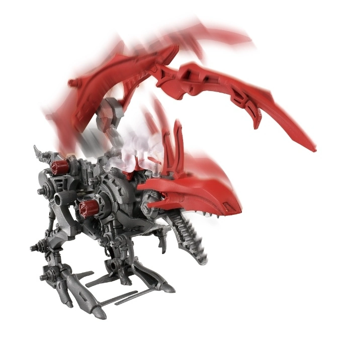  Red and grey robotic dragon toy with moving wings and legs.