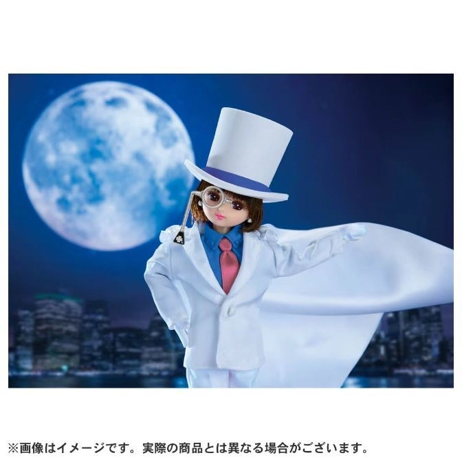  Kaito Kid doll in white suit, top hat, monocle, cape outstretched against moonlit city backdrop.
