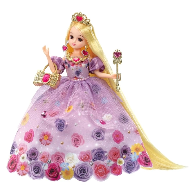 Doll in a floral gown with a crown, earrings, necklace, purse, and wand.