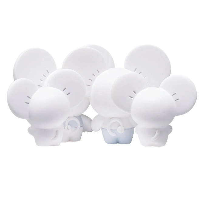  Six white mouse-shaped nightlights, some with blue pants, featuring round ears and simple facial details.