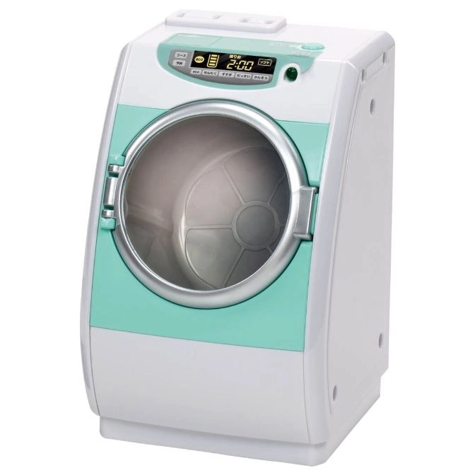  Toy front-load dryer with mint green accents and digital display showing 2:00.