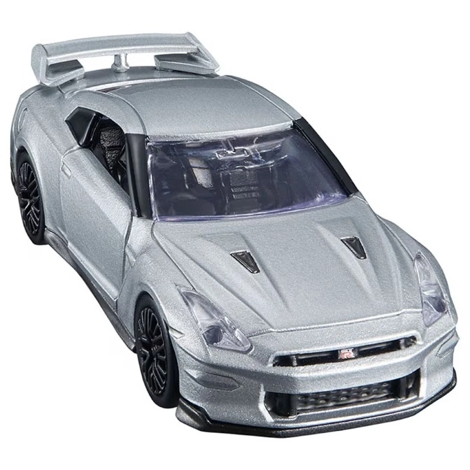  Silver Nissan GT-R toy car with spoiler, detailed headlights, and black rims.