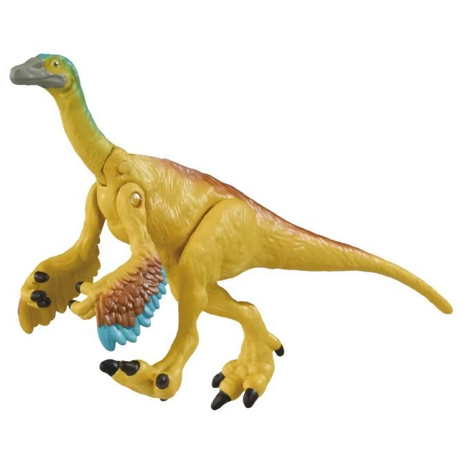  Yellow Therizinosaurus toy with blue and brown feathers, standing on a white background.