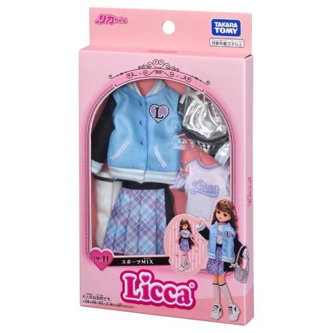  Licca doll sports mix outfit set in pink packaging, featuring a jacket, skirt, top, and accessories.