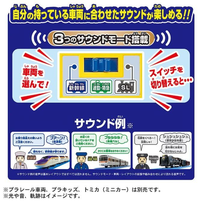  The image is an advertisement for a toy train set that features different sound modes. The advertisement shows three different train types: a bullet train, a commuter train, and a steam locomotive. Each train type has its own unique sound effects, such as the sound of the train accelerating, the sound of the doors opening, and the sound of the steam locomotive chugging. The advertisement also shows a conductor for each train type.