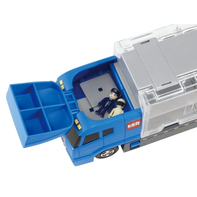  Blue toy truck with opening cab, toy figures inside, and clear trailer.