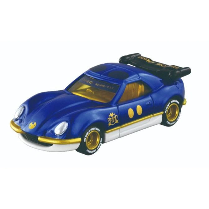 Blue Disney Motors sports car toy with gold trim and black spoiler.