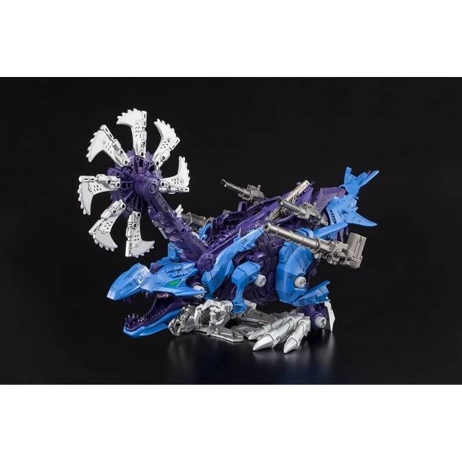  Blue and purple Zoid toy with a rotating saw blade and gun attachments.
