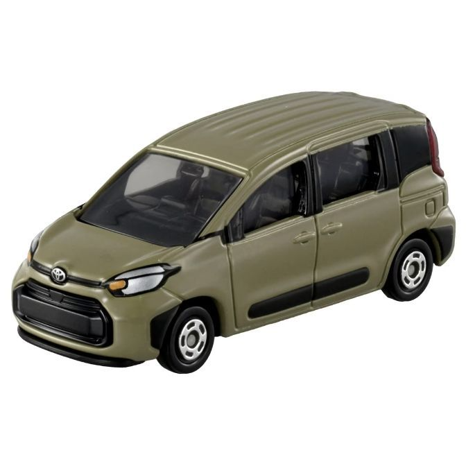 Olive green toy car, a Toyota Sienta minivan, with detailed features and rolling wheels.