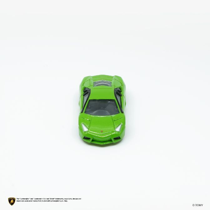  Green Lamborghini toy car, overhead view, showcasing its sleek design and details.