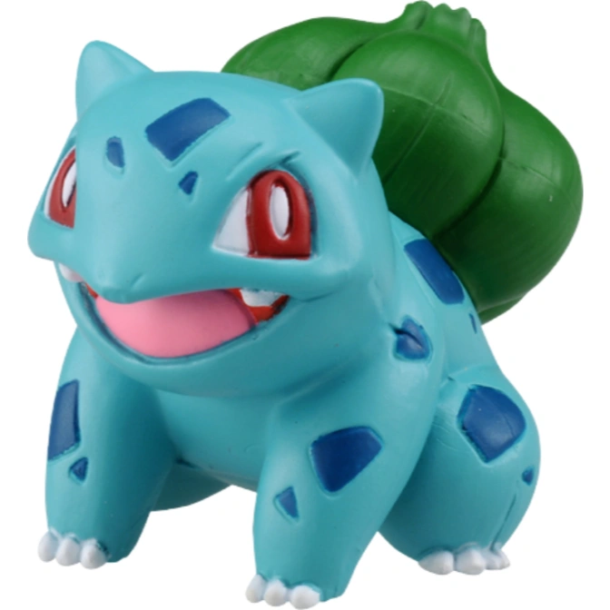 Bulbasaur toy figure with green bulb, blue skin, and red eyes.