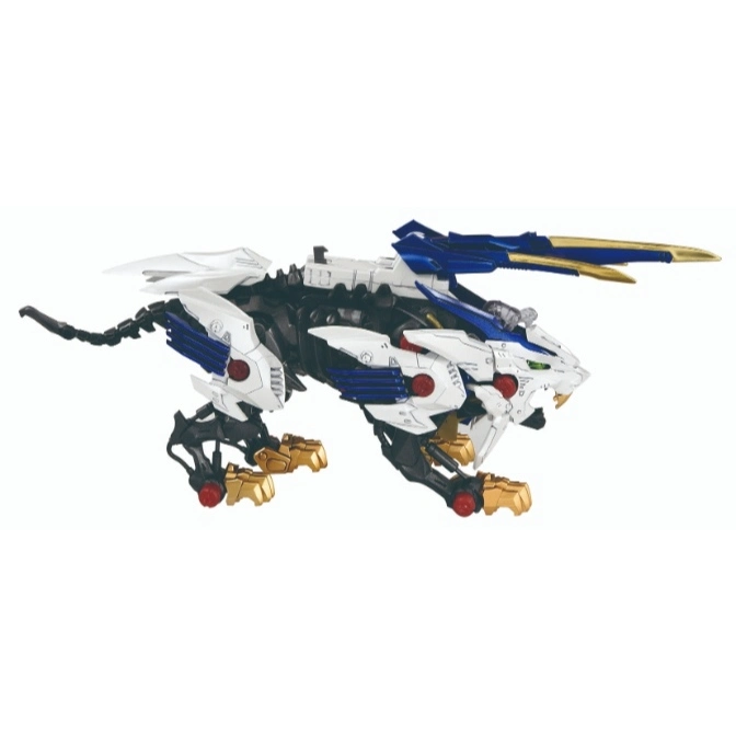  White and blue Zoid toy with gold accents, resembling a robotic lion.