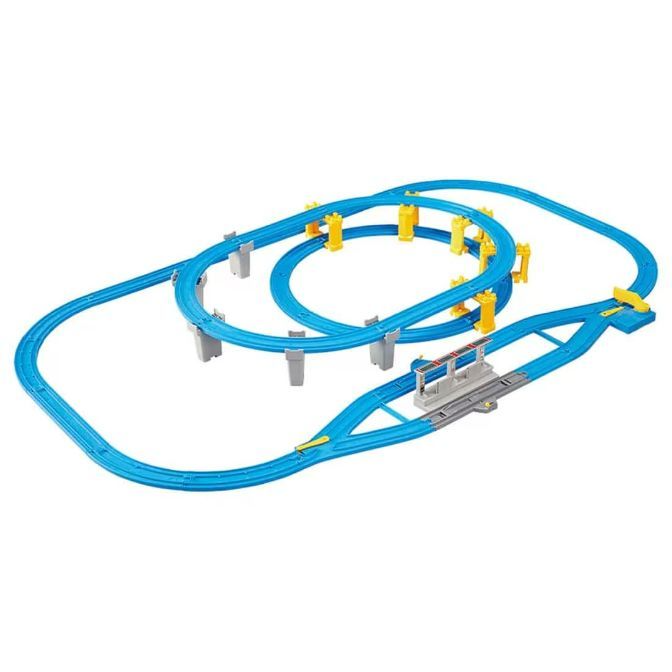 A blue toy train track set with yellow and gray supports.