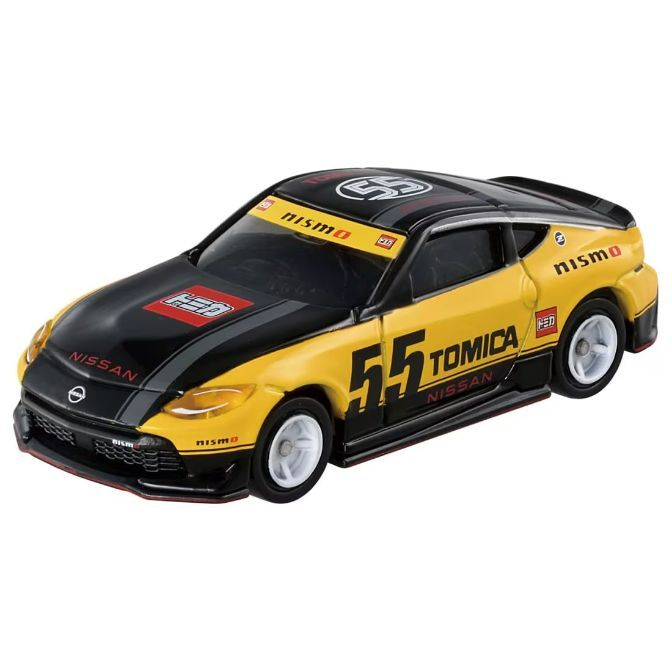 Yellow and black Nissan Z Nismo Tomica toy car with racing decals and number 55.