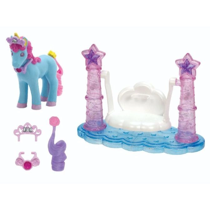  Toy set with a blue unicorn, accessories, and a cloud-shaped swing with star posts.