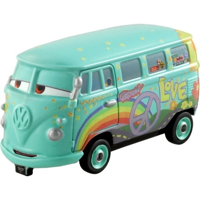Disney Cars Fillmore toy car, a light blue VW bus with peace and love decorations.