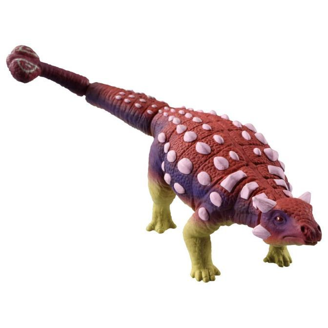  Ankylosaurus toy with a clubbed tail, red back, and yellow legs.