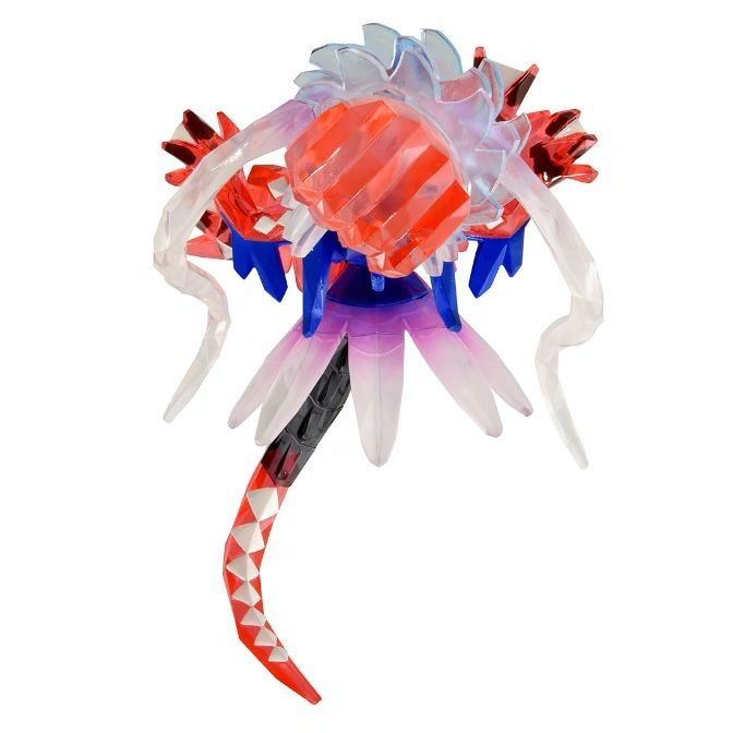  Translucent red, white, and blue toy with tentacles and a patterned tail.