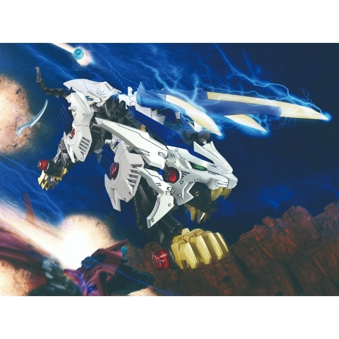  White Zoids Liger with gold claws and lightning effects, a robotic lion toy.
