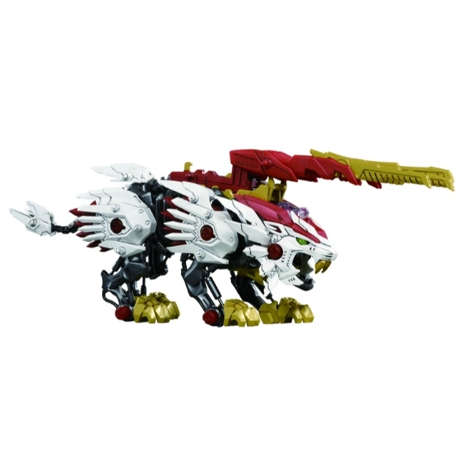  Zoids Liger Zero model kit with red and gold weaponry, standing.