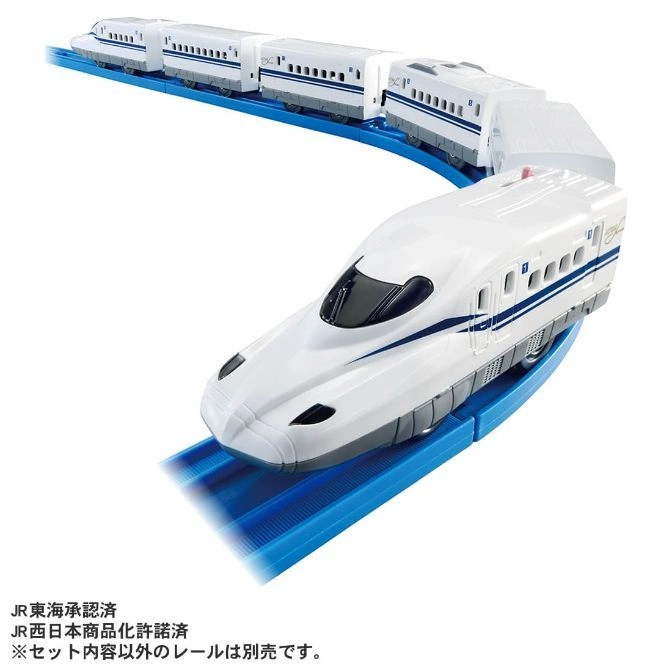 Toy bullet train on blue tracks. White with blue stripes, several cars.