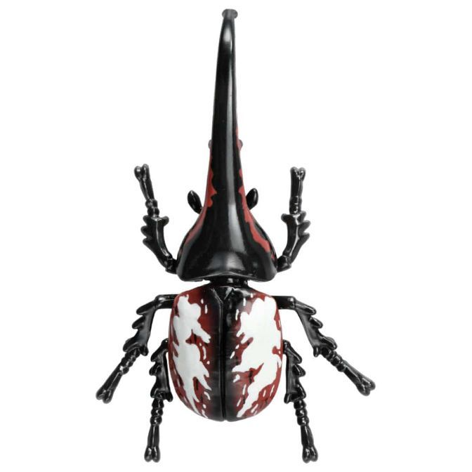  Toy rhinoceros beetle with a long horn, red and white markings, and six legs.